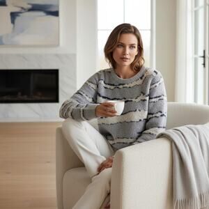 NEW Barefoot Dreams Ocean Zebra CozyChic Seaside CrewNeck Pullover Sweater Small